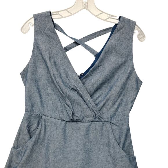 Corey P Chambray Faux Wrap Dress Size Small Light Blue Sleeveless Zipper on Back - Picture 2 of 5